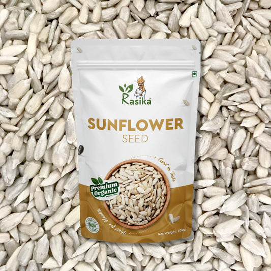 Rasika sunflower seed packaging on a bed of sunflower seeds
